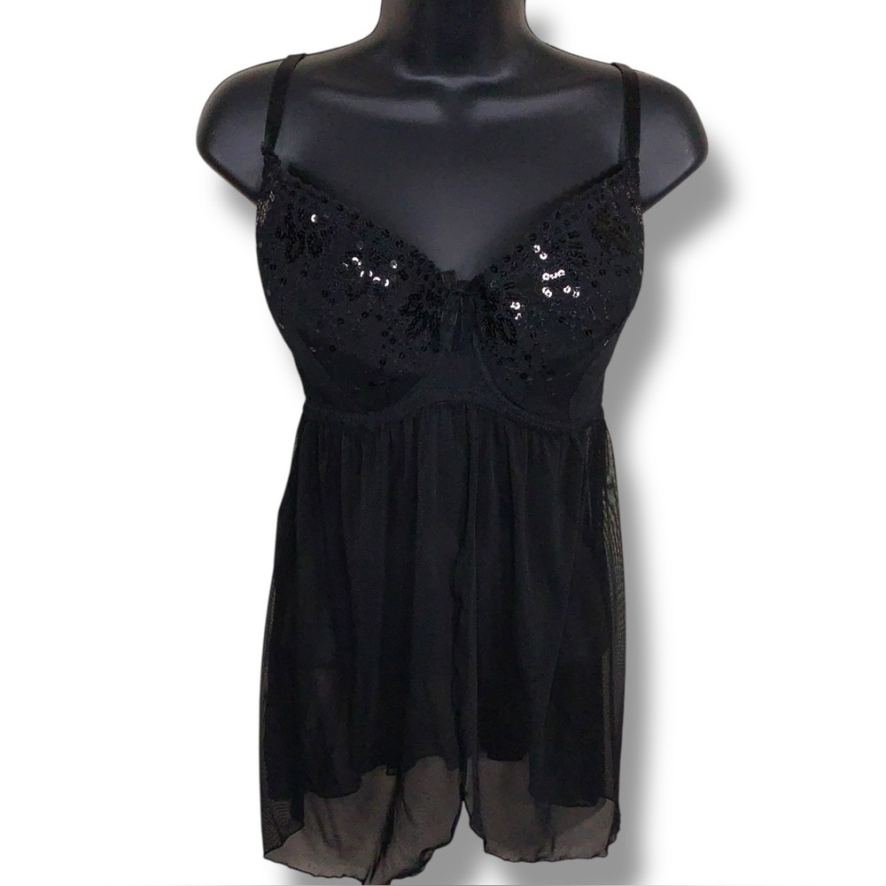 XL Black Sequins Chemise Womens Sheer Mesh Underwire Lined Goth Glam Pinup